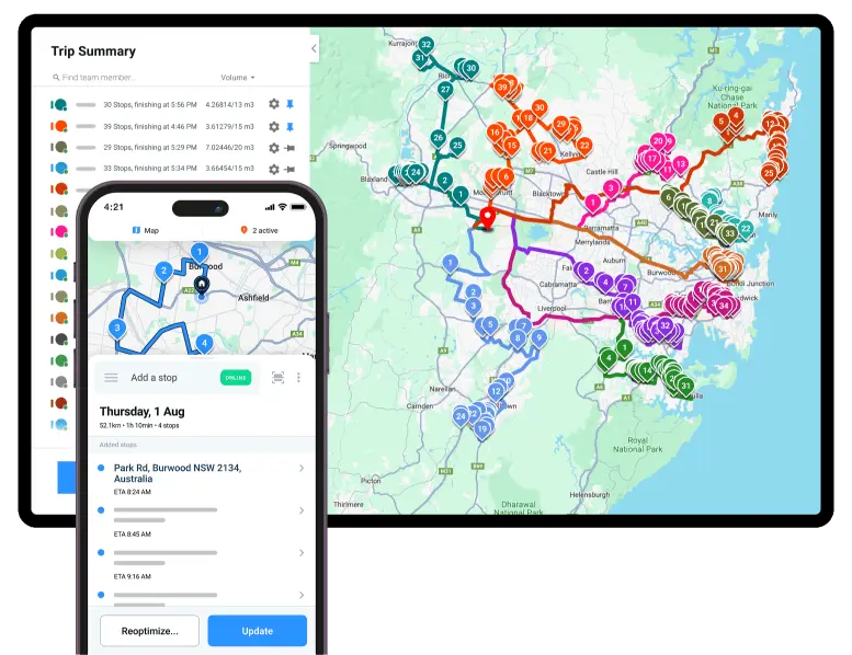 Locate2u route optimization dashboard showing optimized delivery routes on a map